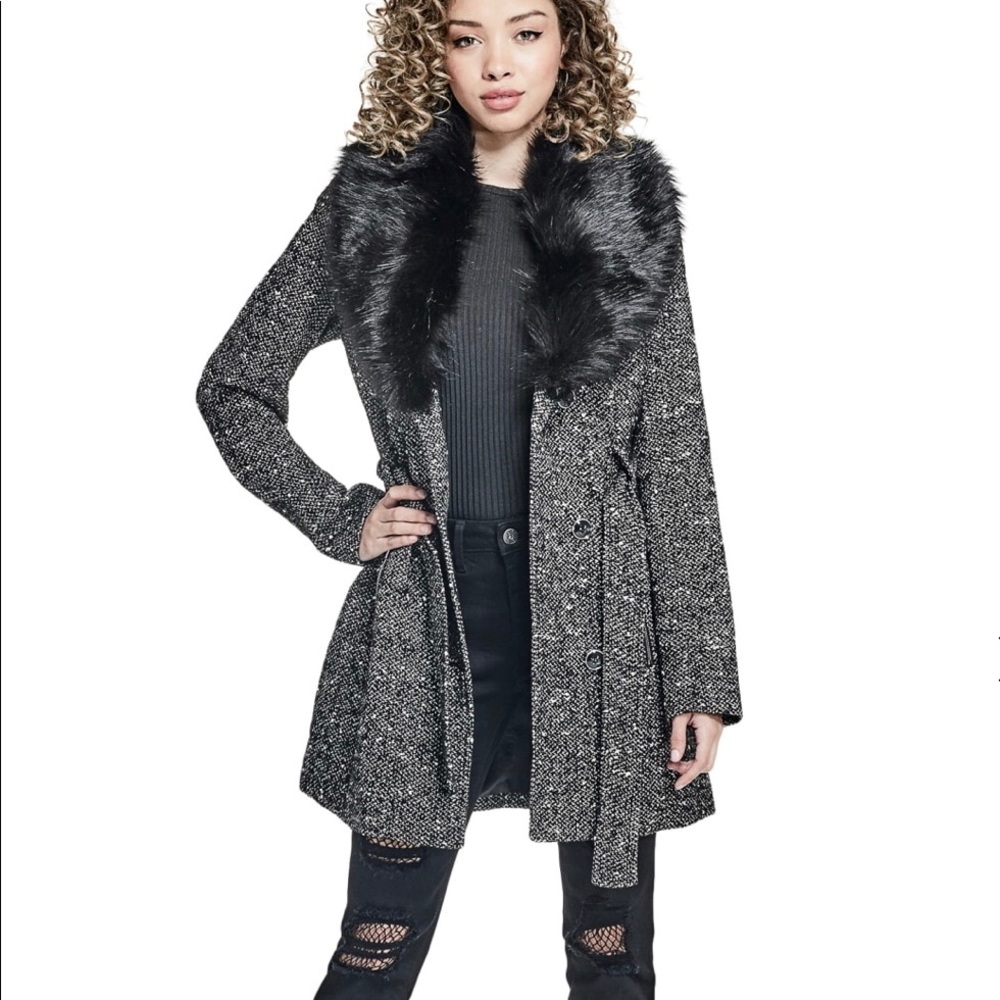 Guess Removable Fur Belted Wool Coat Jacket